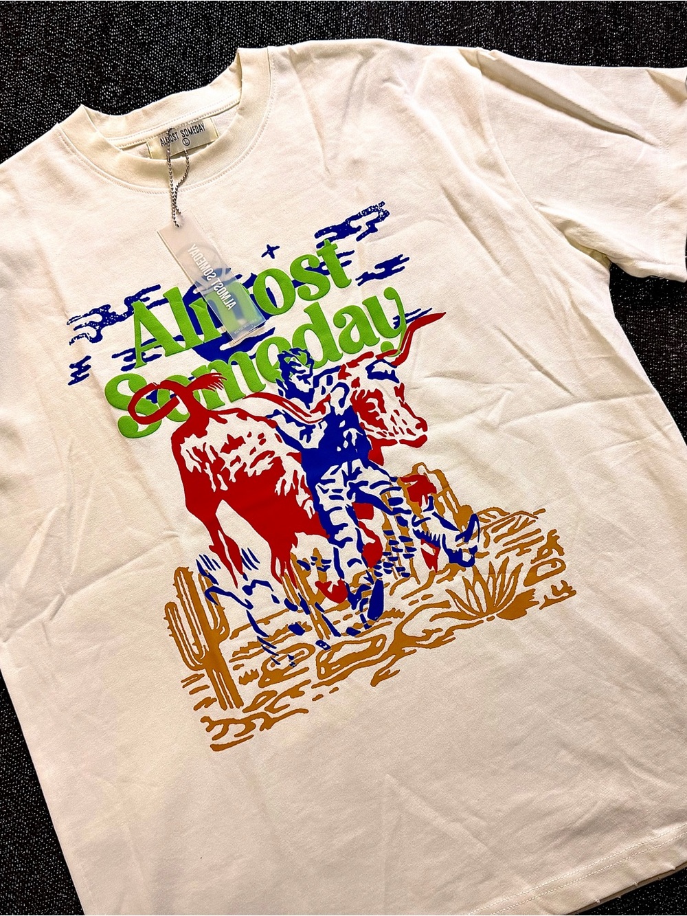 Almost Someday Graphic Tee - White with Multicolor Cowboy Print